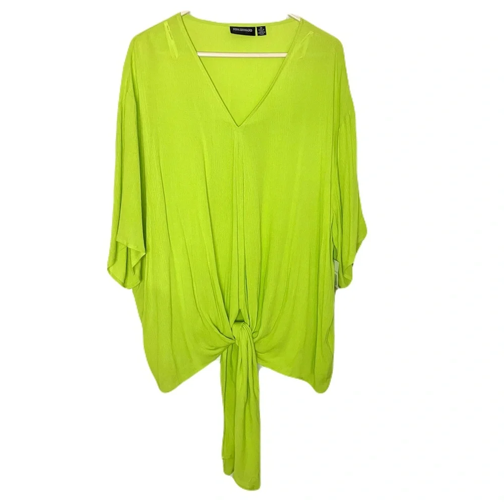 Nina Leonard Plus Size Lime Green V-Neck Tie Front Blouse - Picture 1 of 9